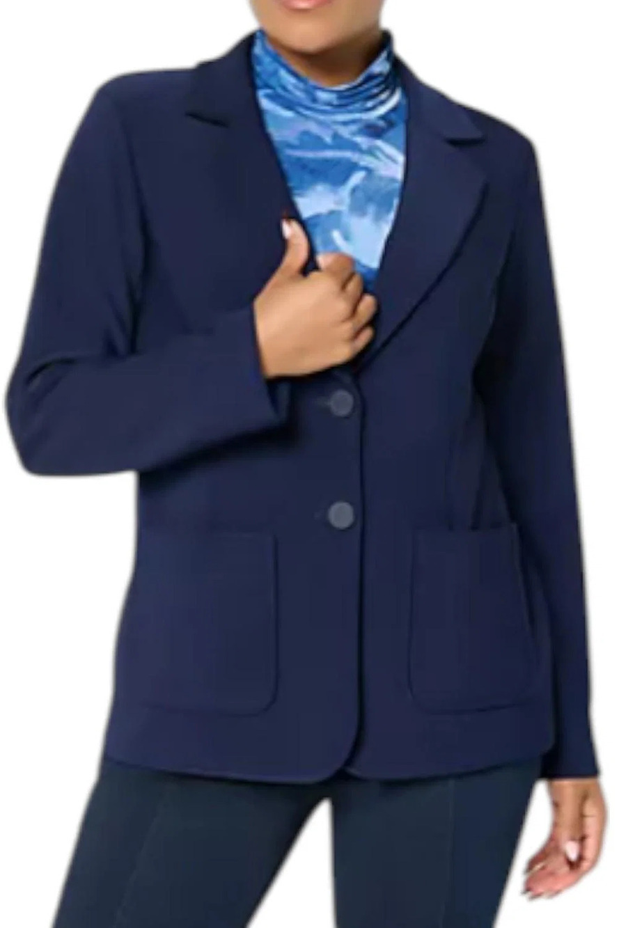 Susan Graver Women's Brushed Back LK Fusion Notch Collar Blazer Navy - Regular